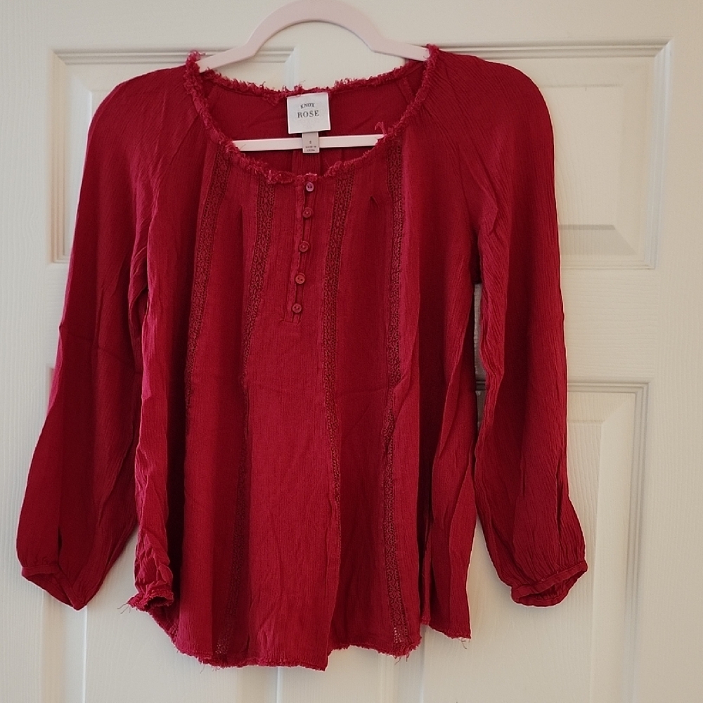 Knox Rose Red Button-Front Peasant Blouse